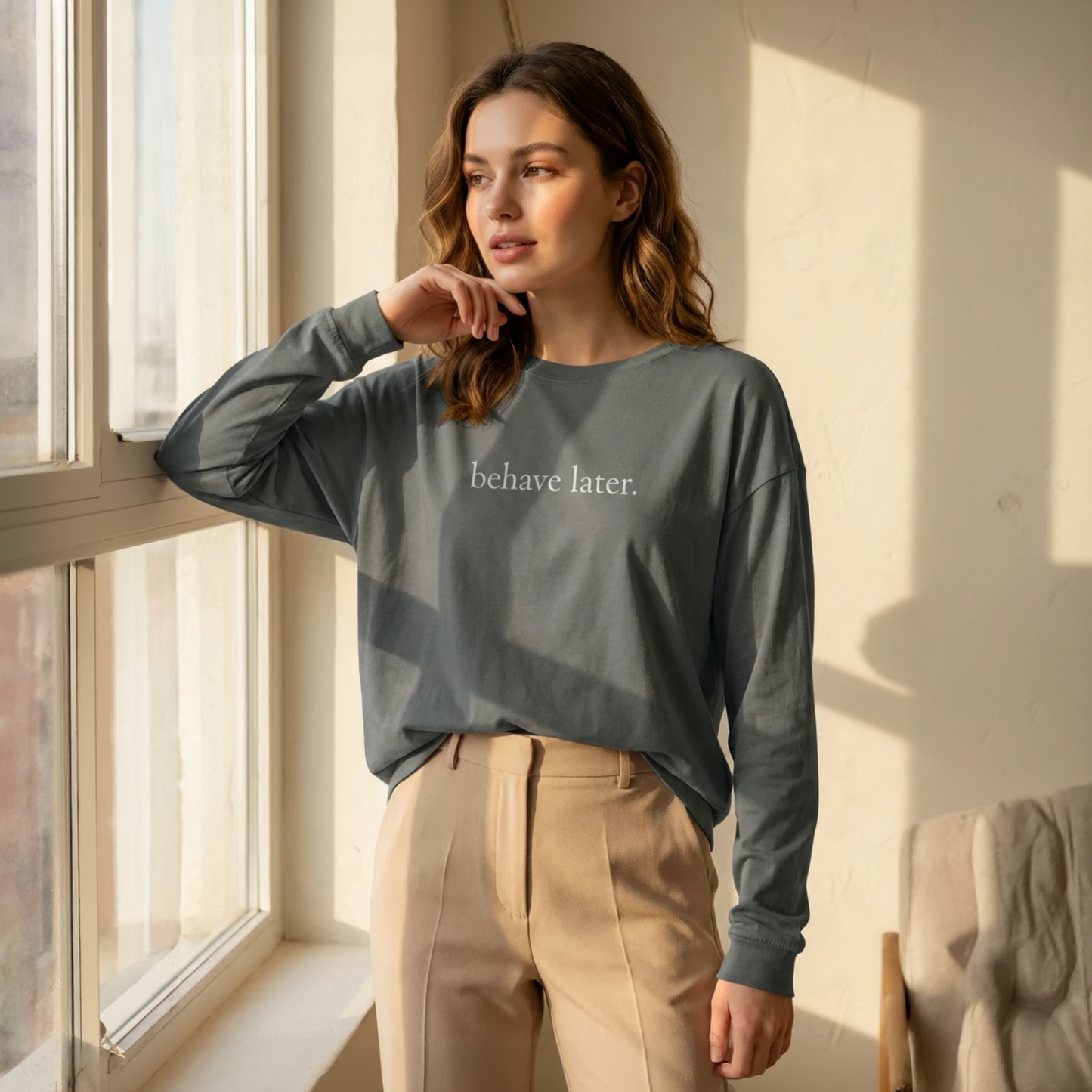 Behave Later Long Sleeve Shirt – Minimal Aesthetic Unisex Tee